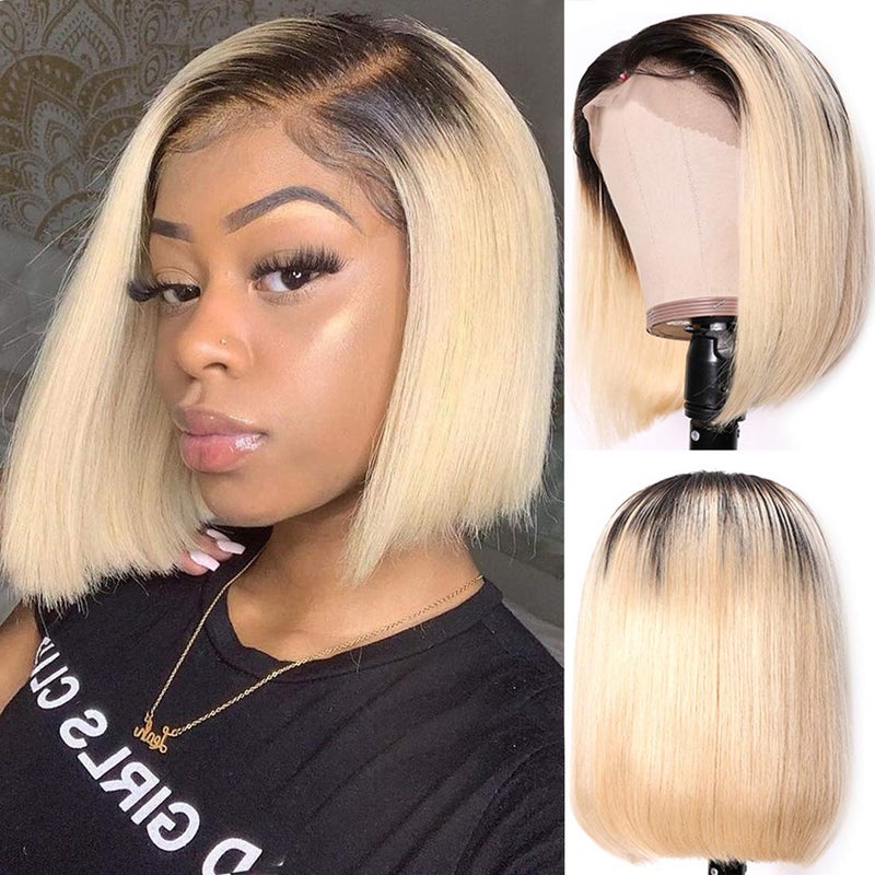 Ombre Blonde Lace Front Wigs 1B613 Glueless Bob Wigs 13x4 HD Transparent Lace 8inch Short Cut Brazilian Human Hair Pre Plucked Bleached Knots Unprocessed Hair Bob Wig for WomenCould be Restyled